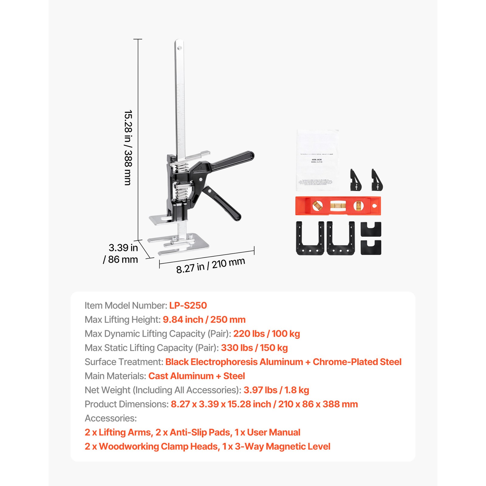 Labor Saving Arm Jack 2 PCS 330lbs Bearing Capacity Lifting up to 9.8" Black