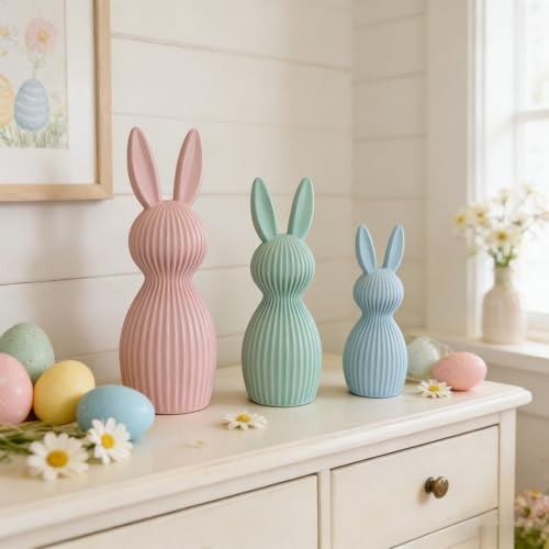 Pack Pastel Easter Bunny Figurines, Resin Rabbit Statues, Minimalist 3