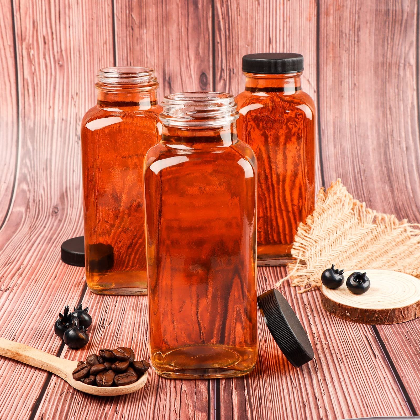 12 OZ Glass Drink Bottles, Set of 12 Vintage Glass Water Bottles with Lids, G...