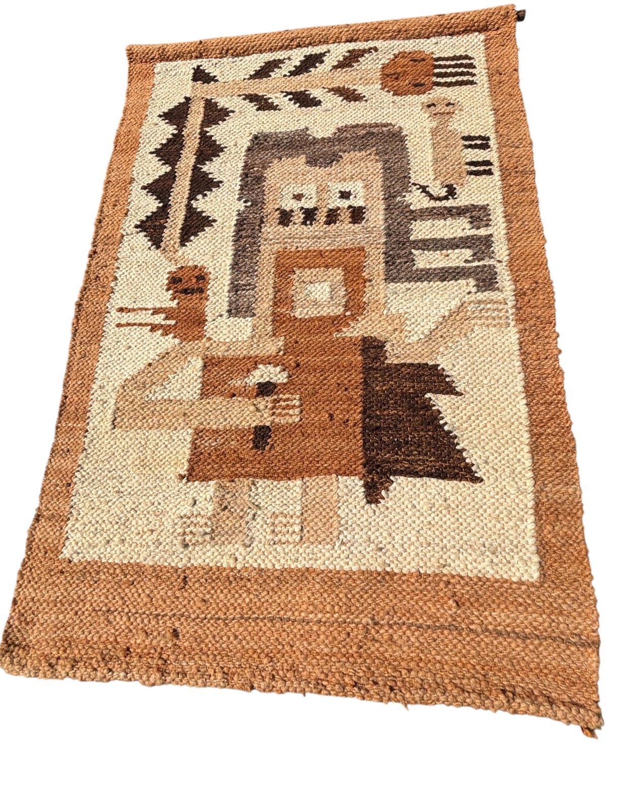 Vintage Peru 35 x 24 Hand Woven Wool Rug Tapestry Warrior Figure Peruvian