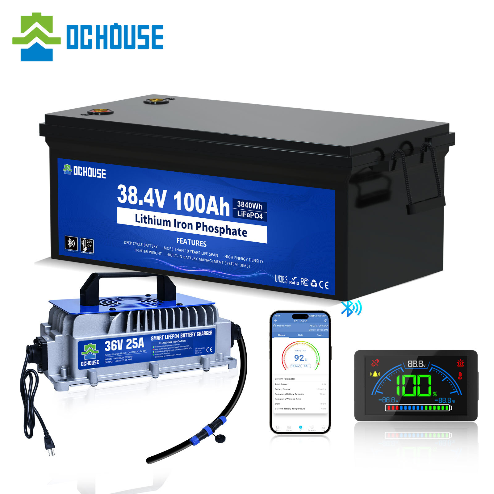 36V 100Ah Lithium Golf Cart Battery with 25A Charger BluetoothTrolling Motor RV