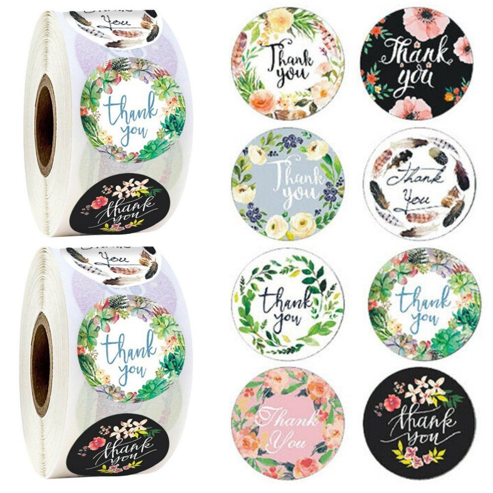 2 Roll of 1000Pcs 1" Thank You Stickers Handmade DIY Party Flowers Round Labels