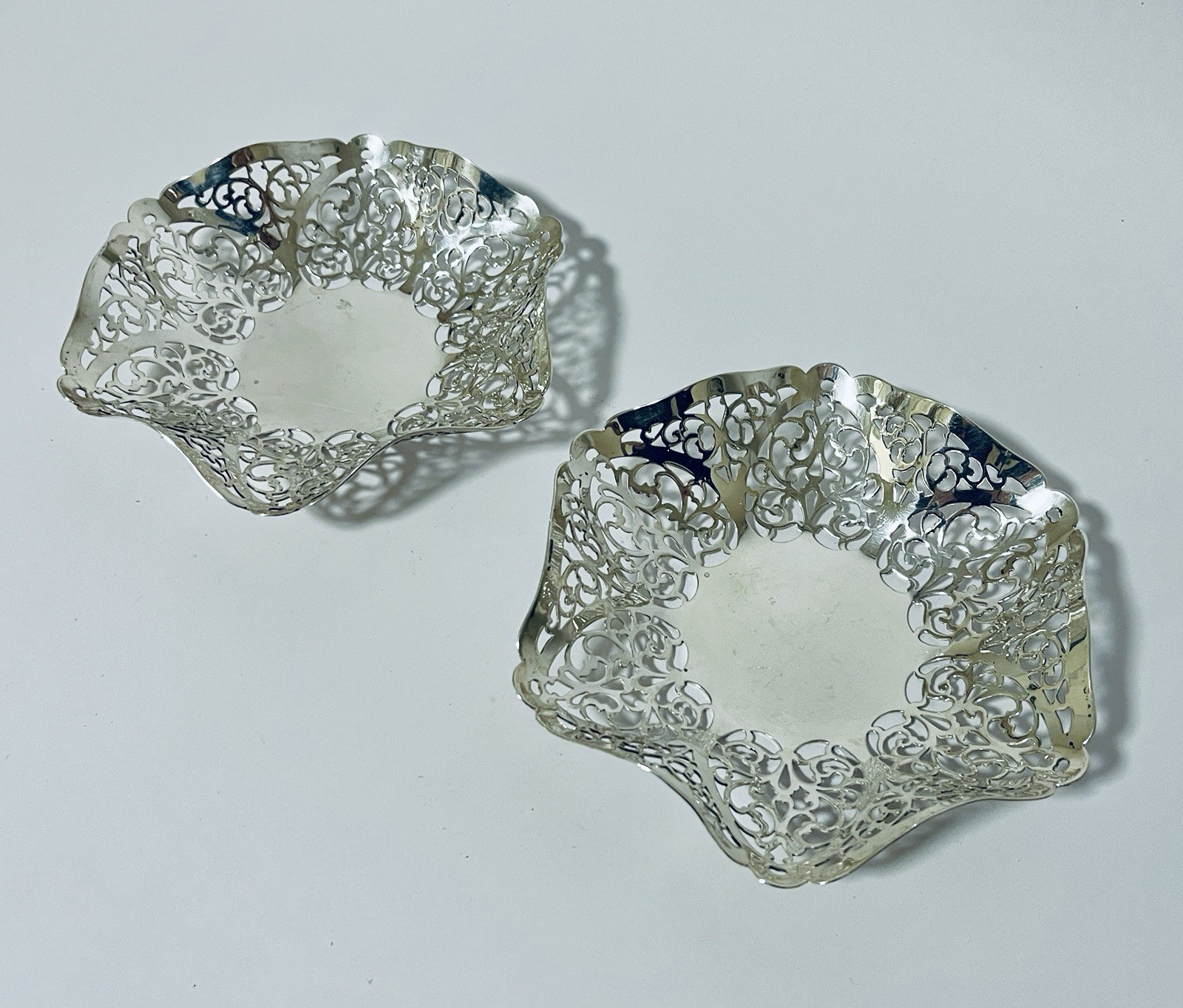 Matching Pair Antique Vintage Solid Sterling Silver Bonbon Dishes / Bowls