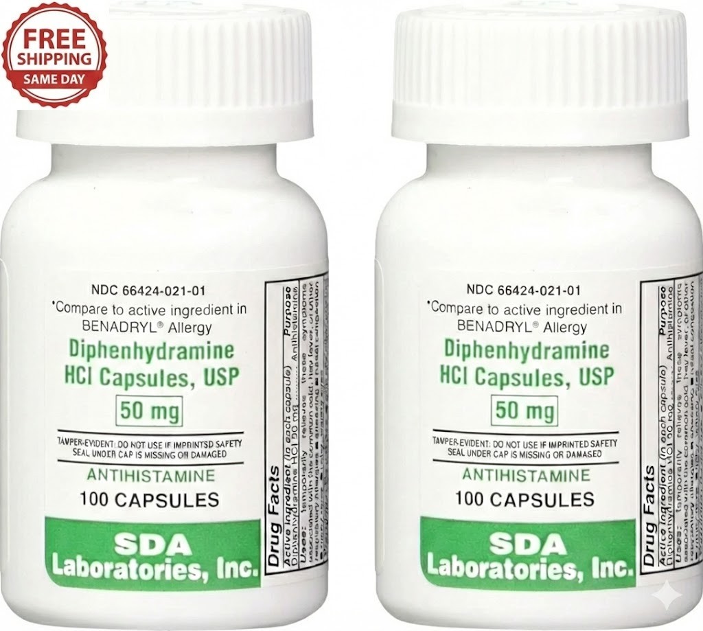 DIPHENHYDRAMINE 50MG 100ct capsules, SDA LABS, Allergy Relief (2- Pack) Exp 1/29