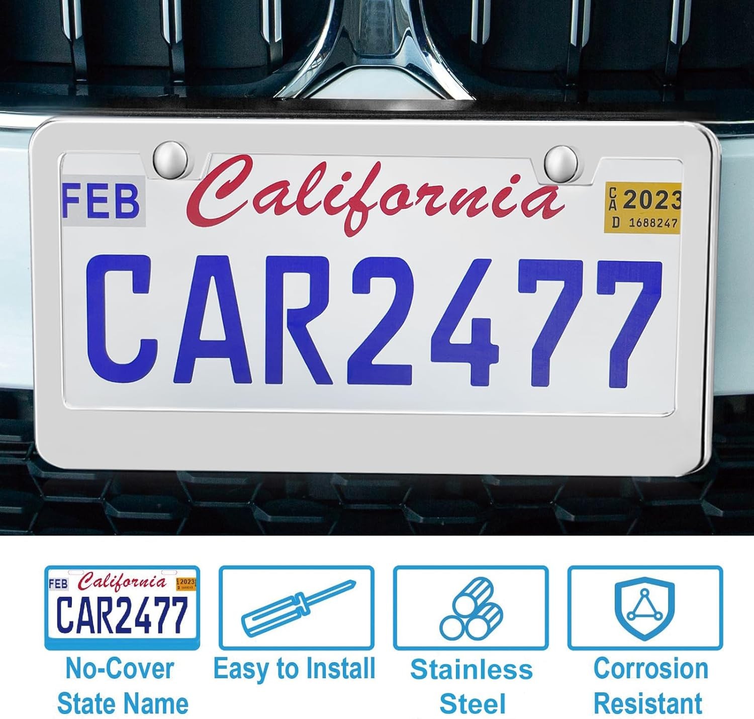 2 PCS Chrome Stainless Steel Metal License Plate Frame Tag Cover With Screw Caps