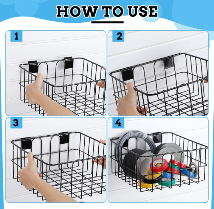 4 PACK! Assorted Heavy Duty Slatwall Baskets, Black Vinyl Coated Steel Storage