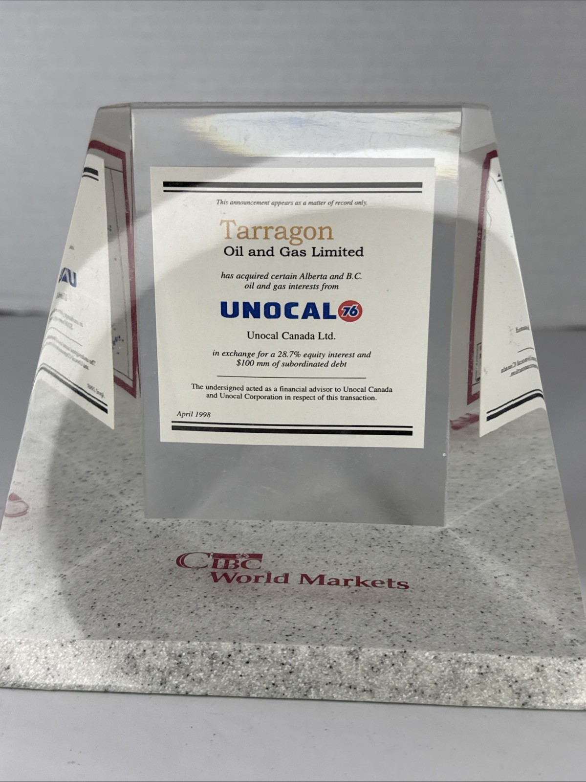 Acrylic Lucite Union 76 Oil Unocal Canada Ltd April 1998 Tarragon Oil & Gas