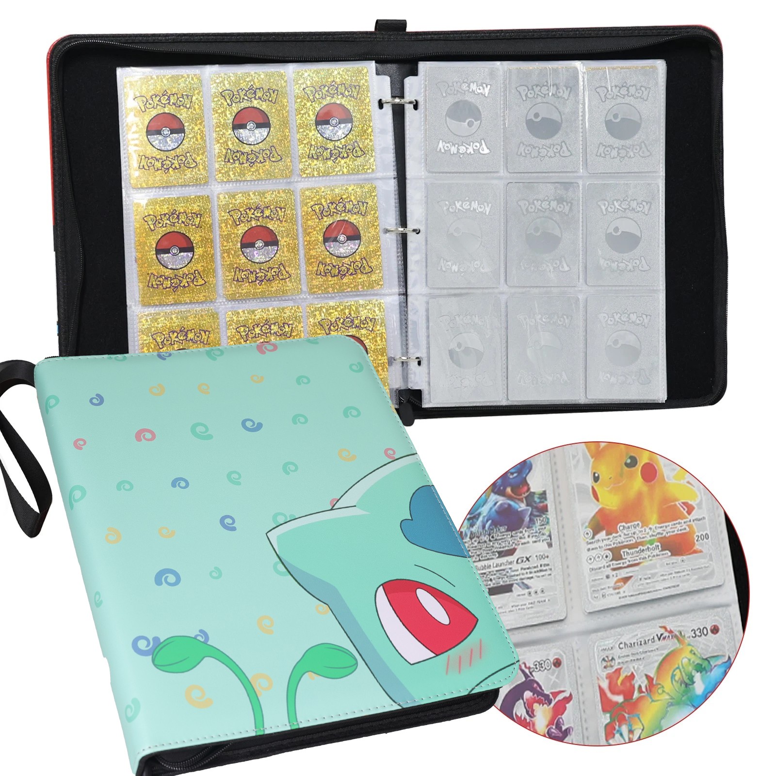 900 Cards Pocket Binder 9 Pocket Game Sport Trading Card Album Folder -Bulbasaur