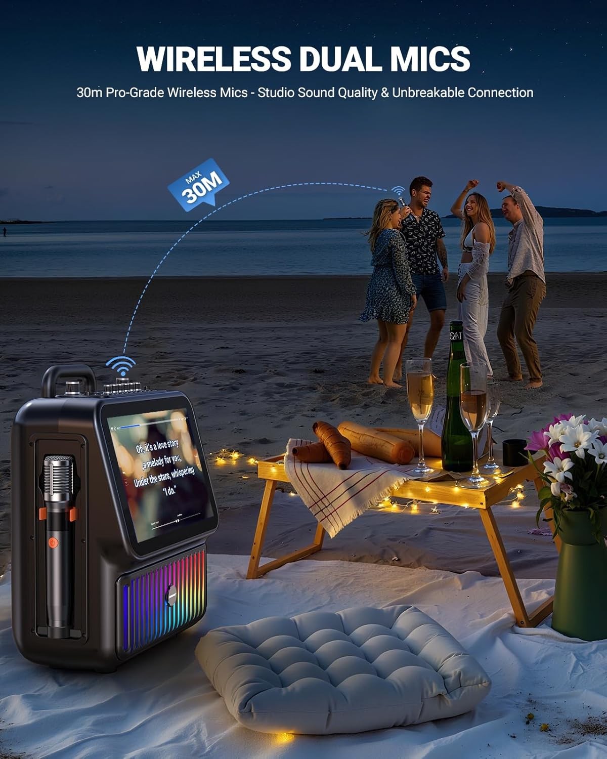 Smart Karaoke Machine w 13.3" Tablet, Bluetooth, 2 Wireless Mics, Party Lights