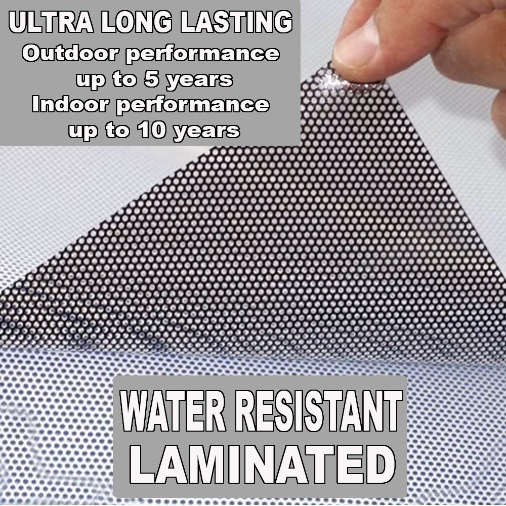 Custom Perforated Window Vinyl – One Way Vision Car Window Graphic w/ Lamination