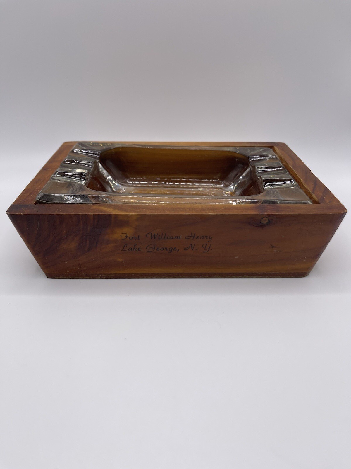 Fort William Henry Ashtray Lake George NY Souvenir Two Piece Wood and Glass