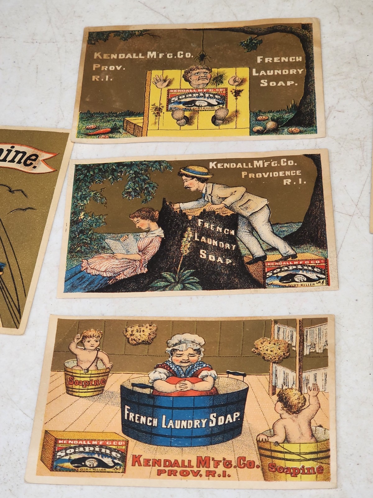 LOT OF 7- ANTIQUE VICTORIAN SOAPINE FRENCH LAUNDRY TRADE CARDS KENDALL MFG RI