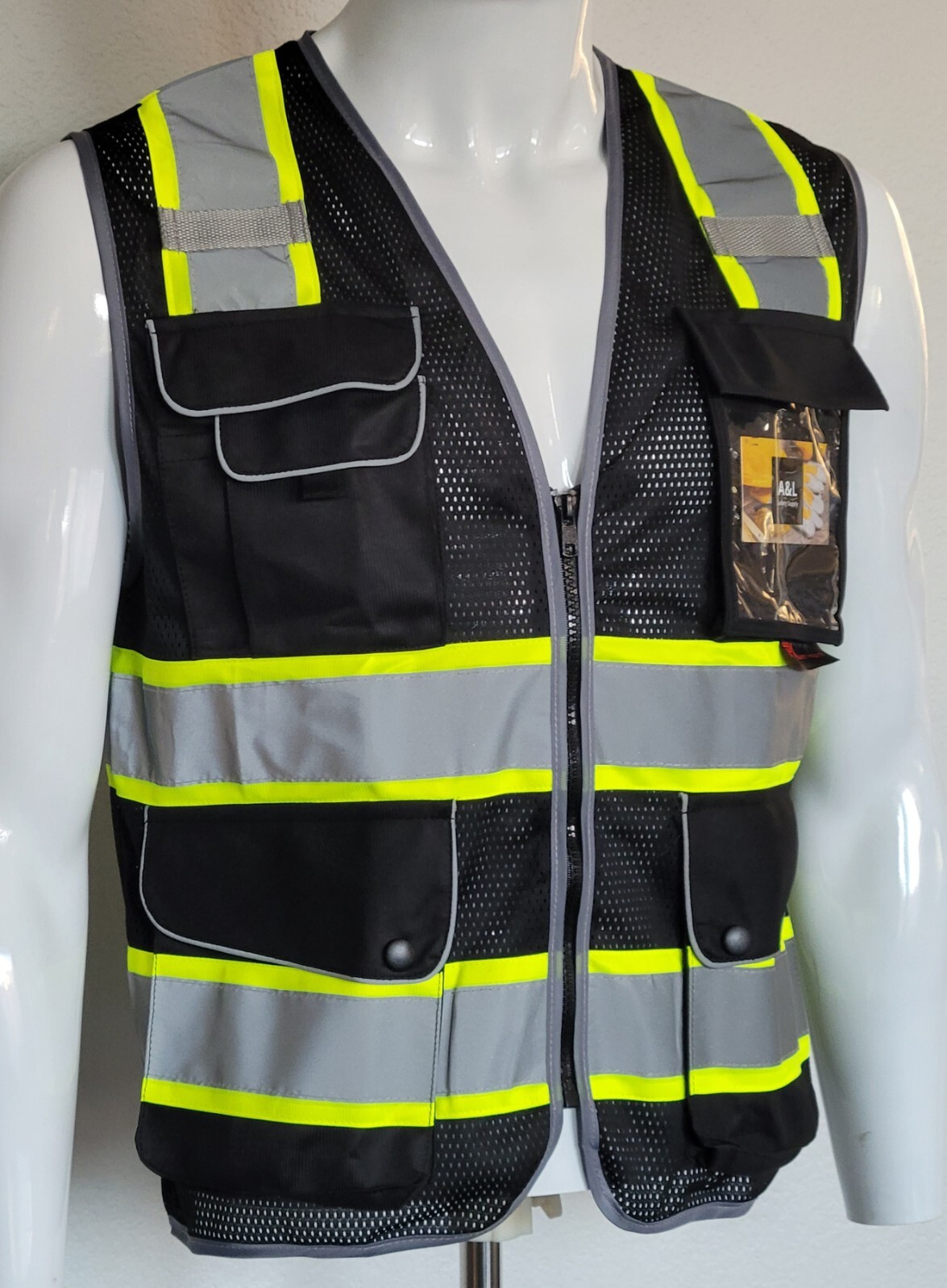 FX Class2 Hi-Vis Reflective Safety Vests with 6 Pockets and Zipper Front Black.