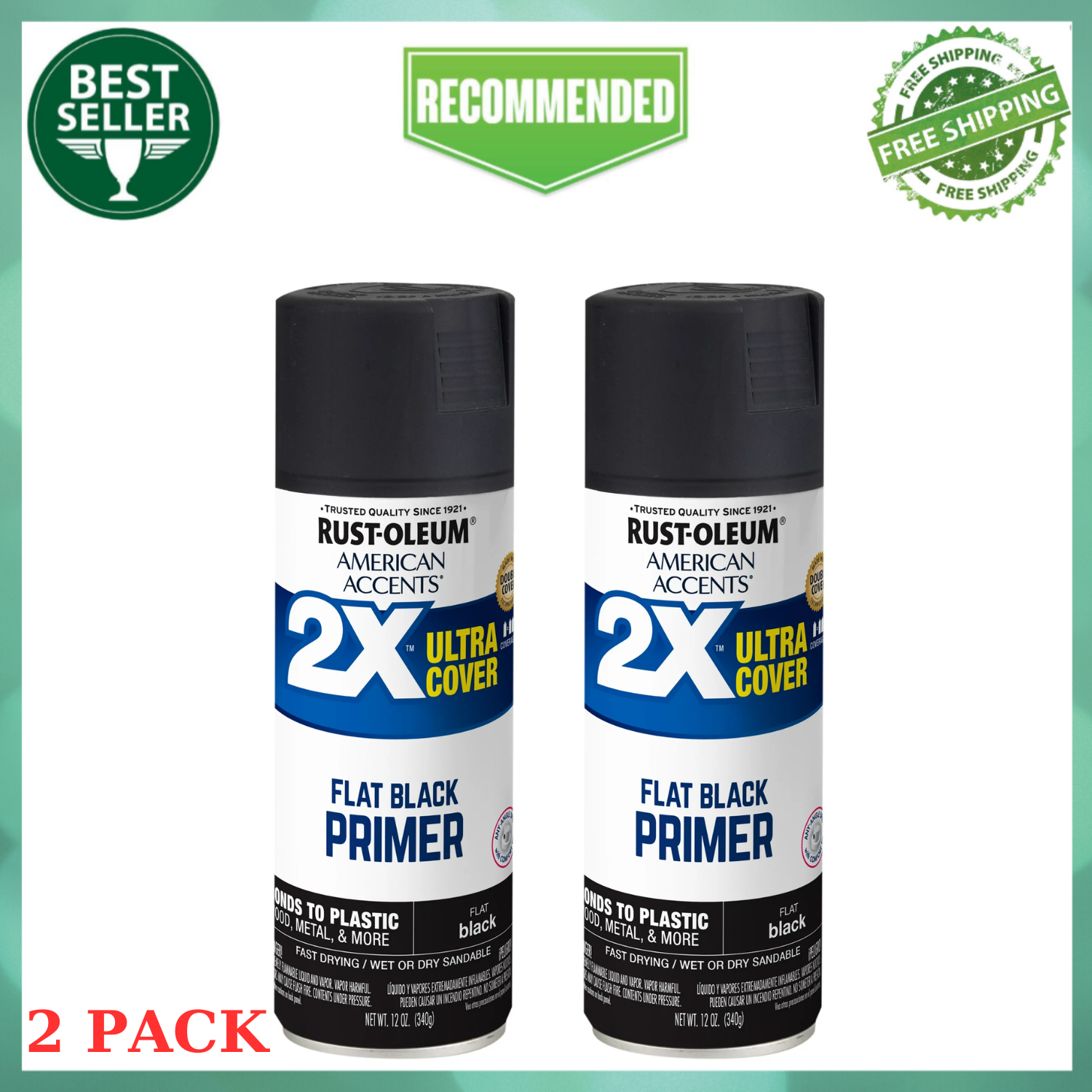 (2 Pack) Black Primer, American Accents 2X Ultra Cover Flat Spray Paint - 12 oz