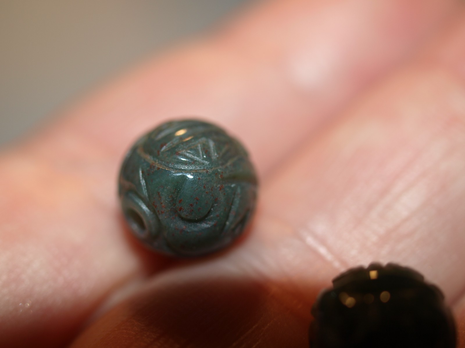 One Vintage Carved Chinese Bead Green Bloodstone Stone Round w/ Shou Design 10mm