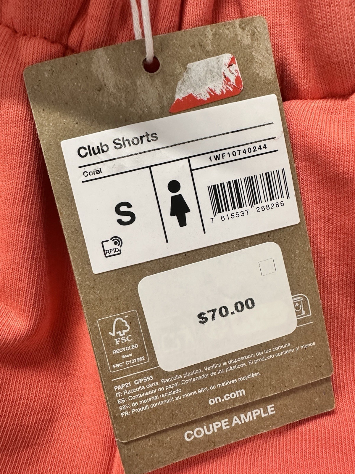 NEW ON Cloud Women's Club Shorts Coral Size Small S $70 NWT FREE Shipping