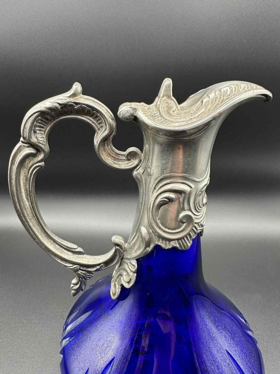 Antique Bohemian Cobalt Cut Glass Pitcher Pewter Mounted Art Nouveau 8.75”