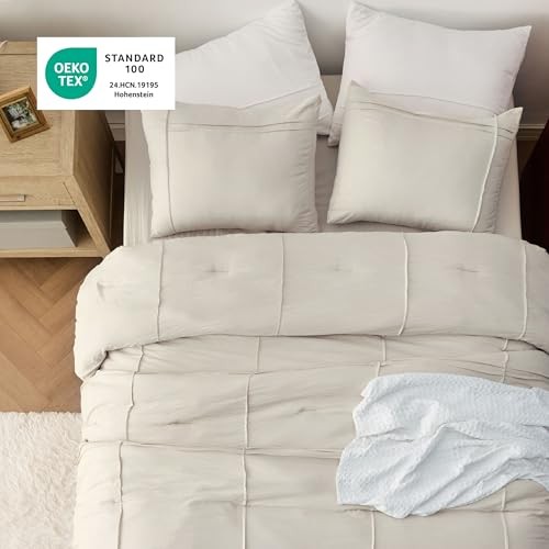 Beige Comforter Set - 4 Pieces Grid Pleated Bed Set, Down Queen 17 - Grid