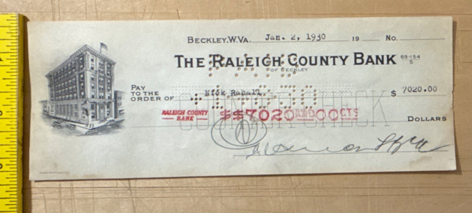 The Raleigh County Bank Beckley WV Bank Check 1930 Payee Nick Rahall