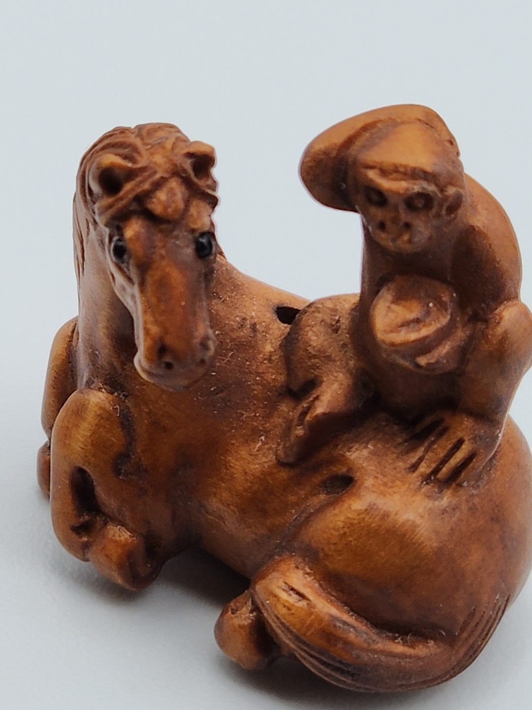 Ojime Bead? Carved Wood Monkey on Horse 2.5 cm Wide x 2.5 cm Tall Signed