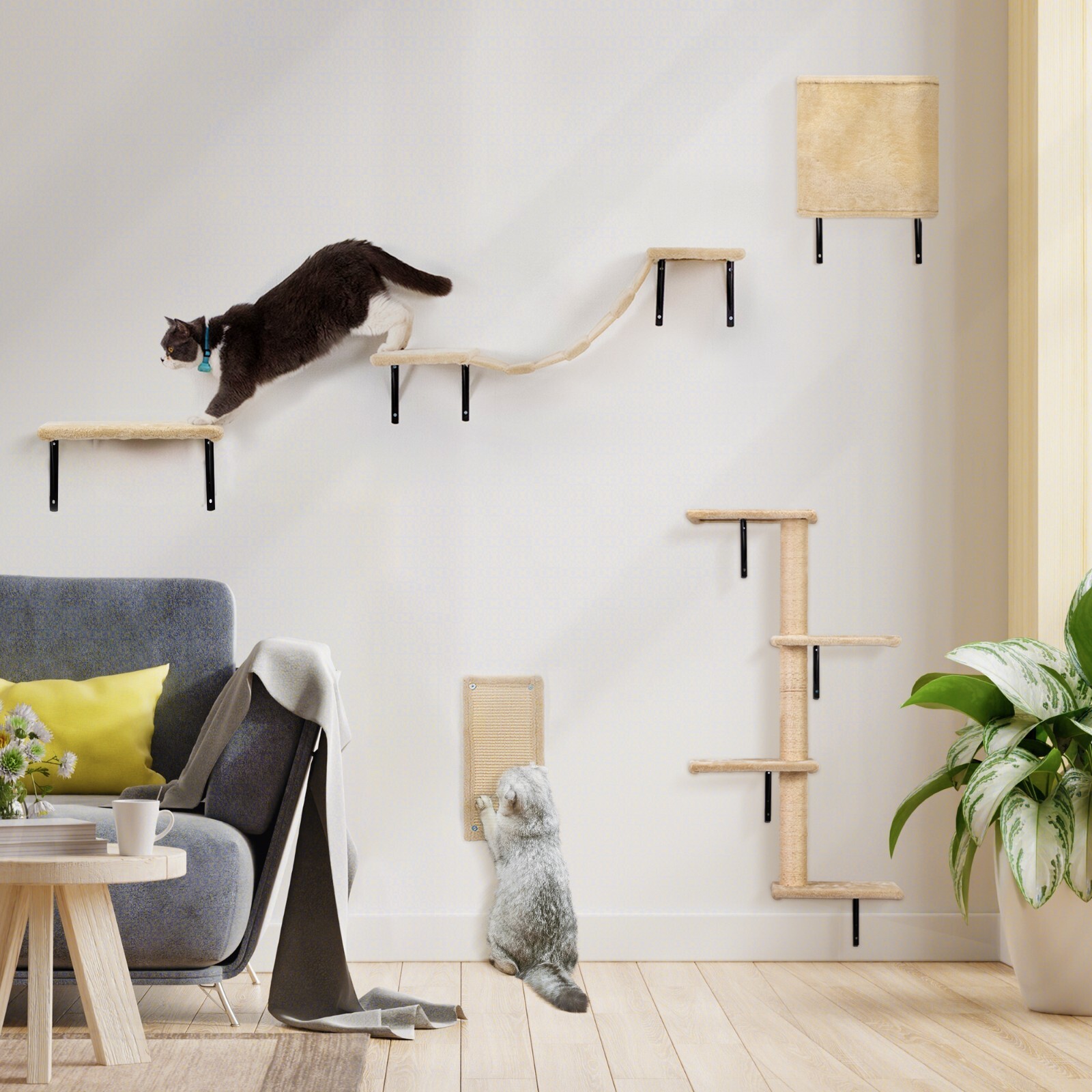 COZIWOW 5 Pcs Wall-Mounted Cat Climber Set Wood Indoor Cat Furniture Cat Shelves