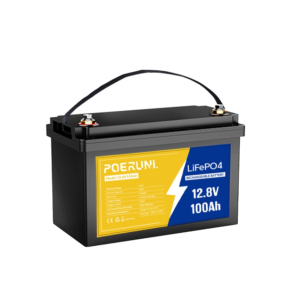 POERUNI 12.8V 1280Wh 100Ah LiFePO4 Lithium Battery Deep Cycles Built-in BMS NEW