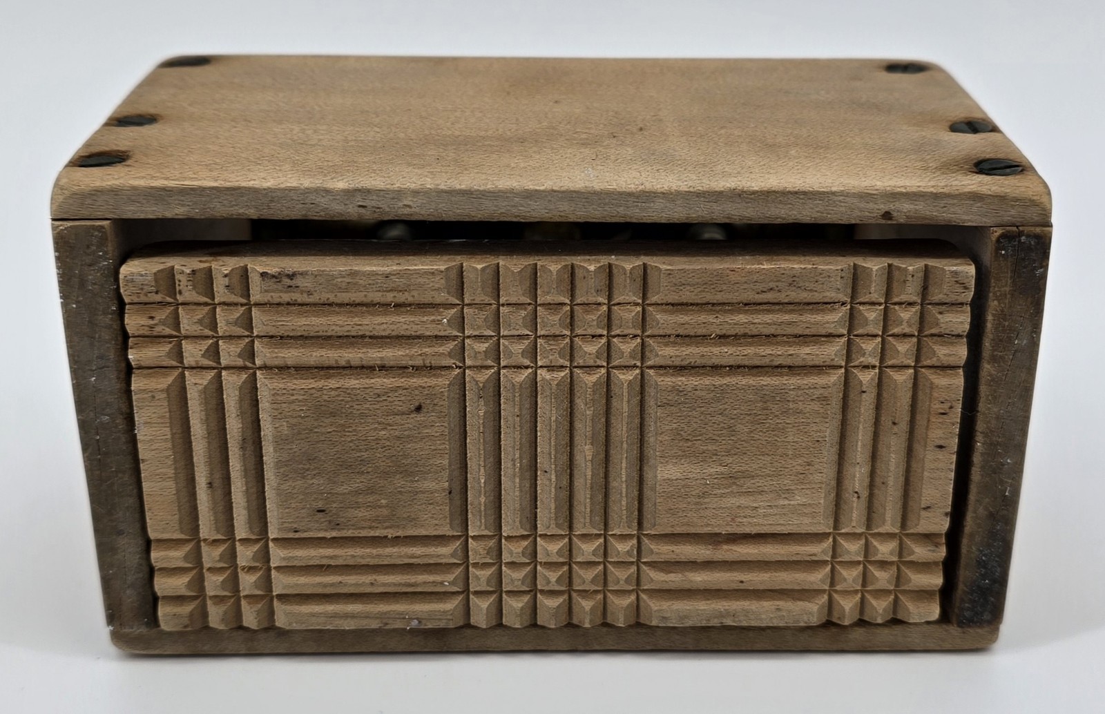 Antique Butter Pat Mold Stamp Press Dairy Criss Cross Brass Wood Farm Decor Rare