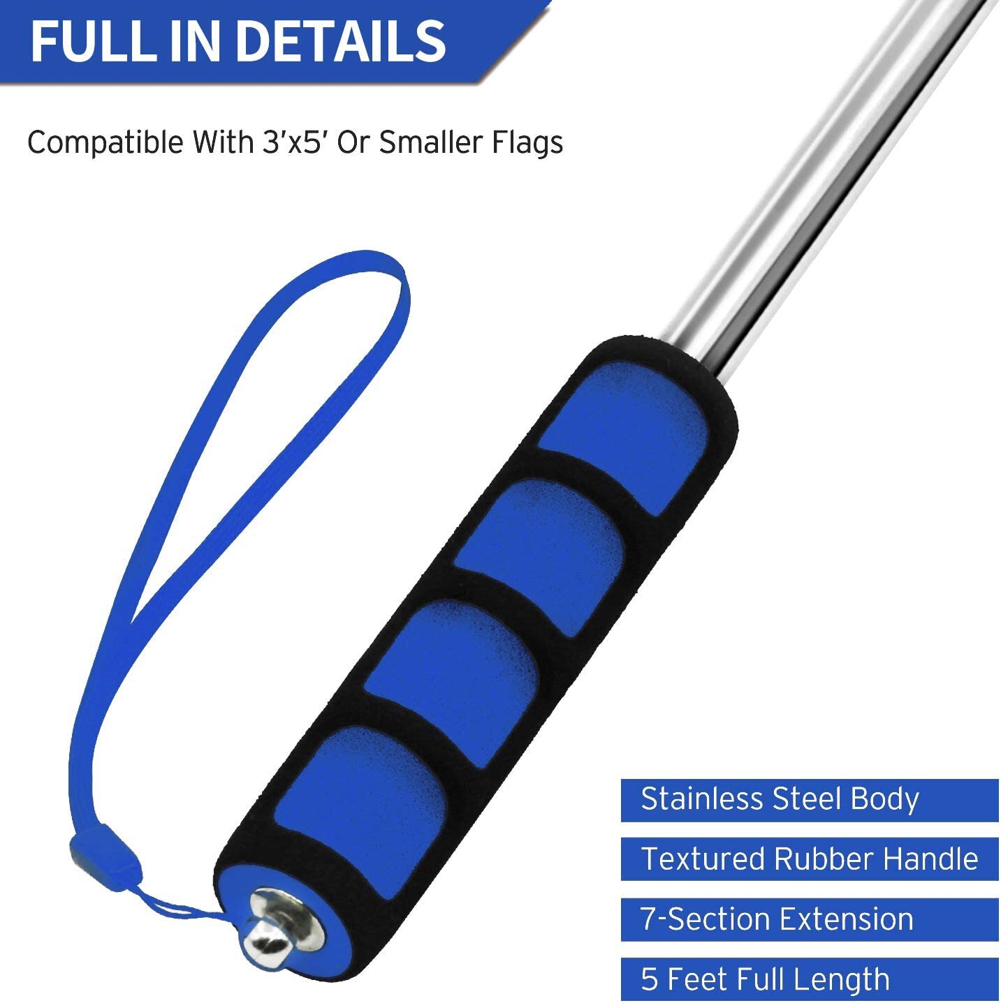 Anley 5 Ft Blue Telescopic Handheld Flagpoles - Extendable Collapsable Flag Pole