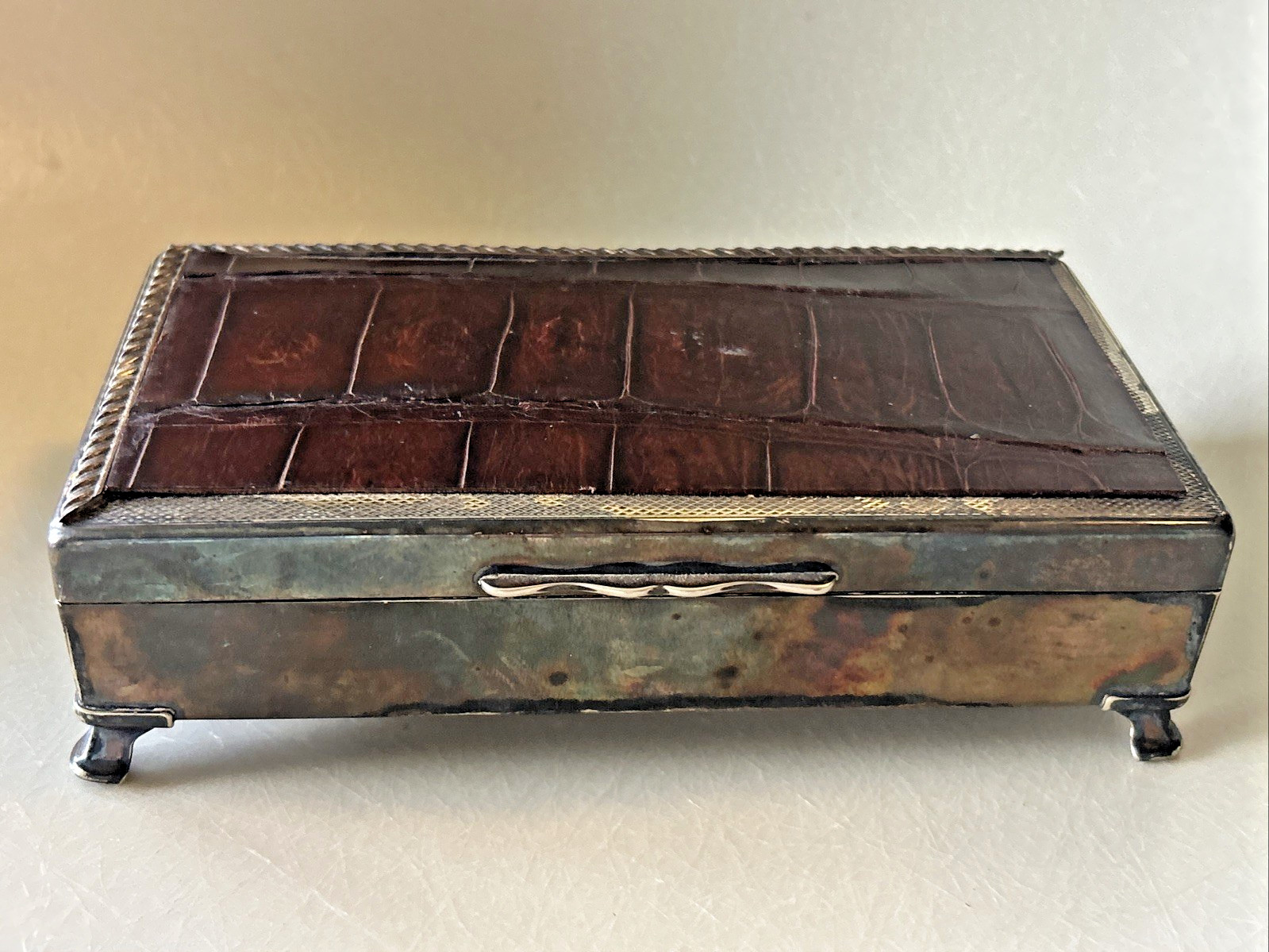 Aristocrat Silver Plate  w/ Crocodile/ Alligator Top Cigarette Box  Wood Lining