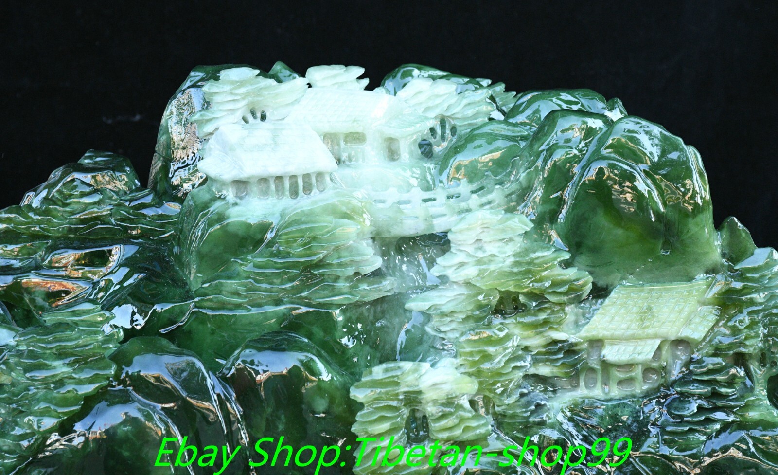 17.3'' Natural Xiu Green Jade Carving Mountain Tree House Shanzi Sculpture