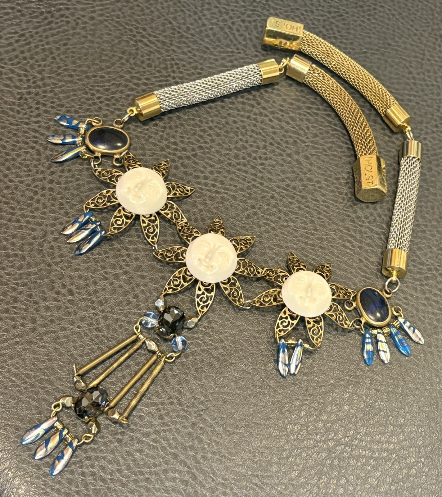 Holst + Lee Designer Celestial Sun Face Flower Chunky Necklace Gold Silver Tone