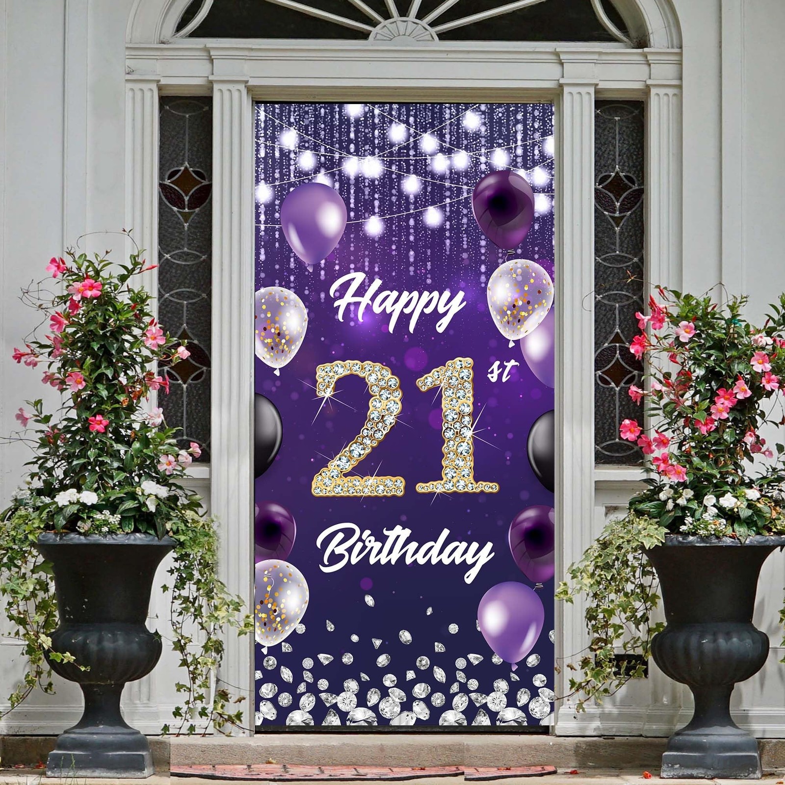 Happy 21st Birthday Backdrop Banner Purple Theme Background with Shiny Diamon...