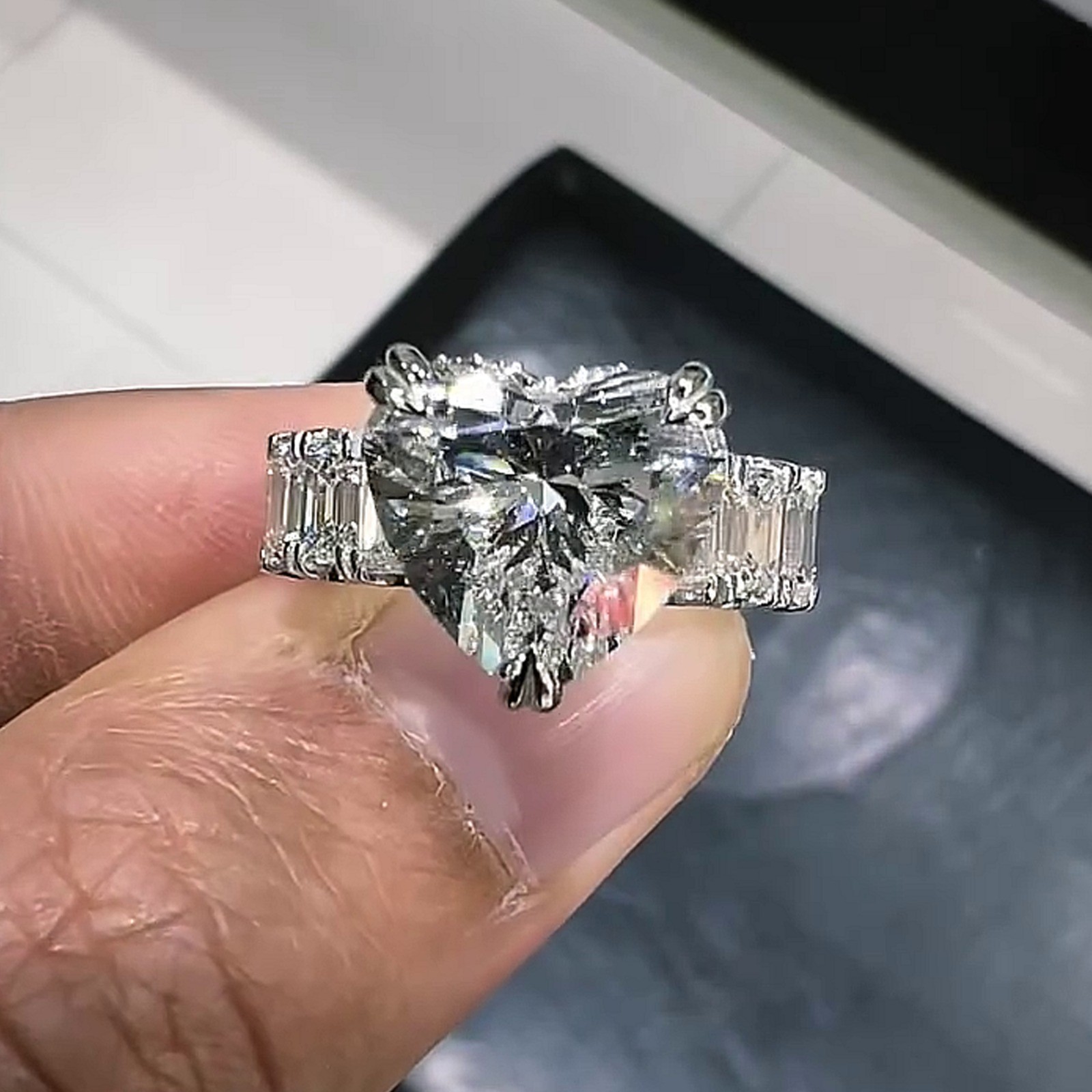 5.45CTW Heart Cut Moissanite Half Eternity Engagement Ring 14K White Gold Plated