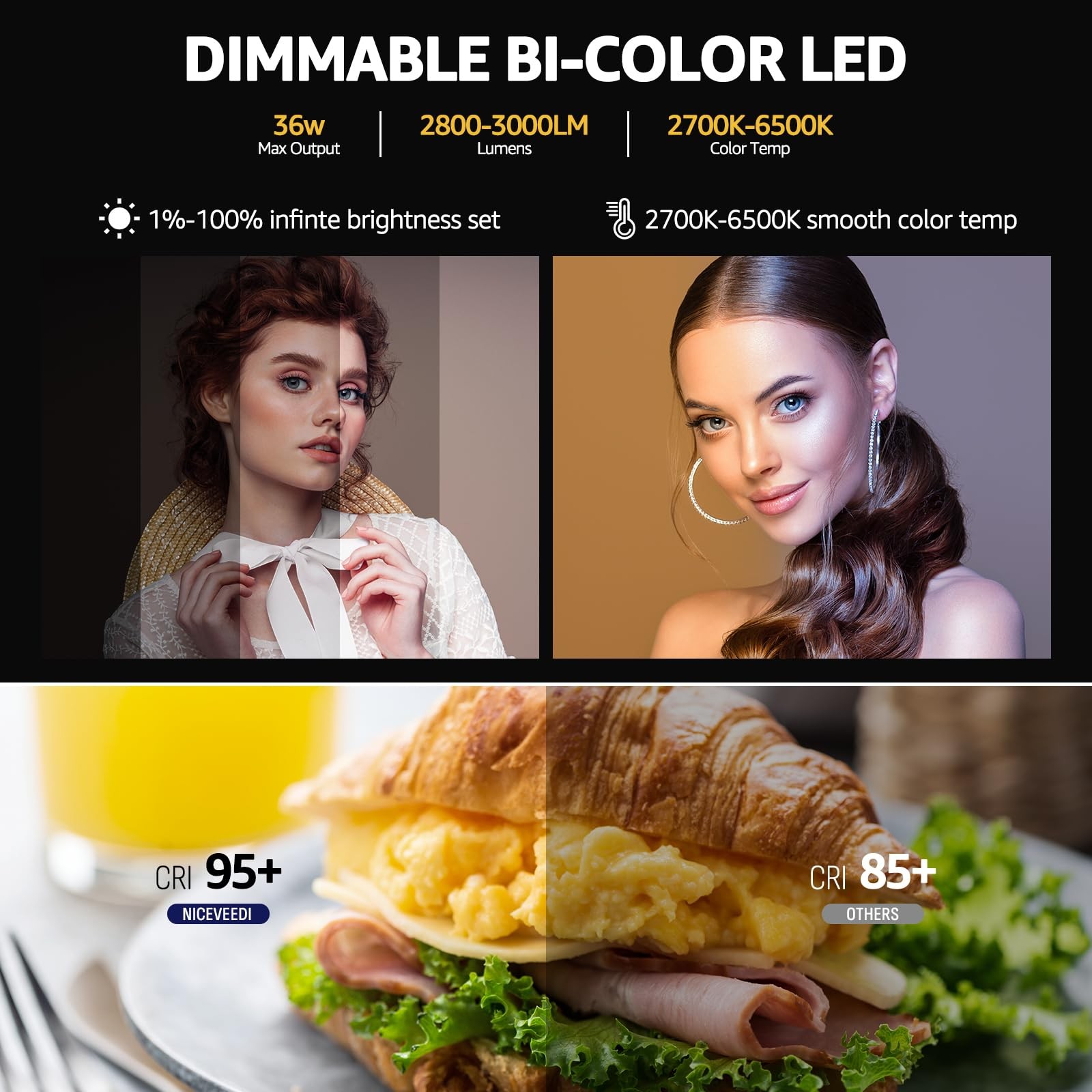 36W Photography Lighting, Bi-Color Studio Light, CRI 95+, Dimmable AC Adapter...