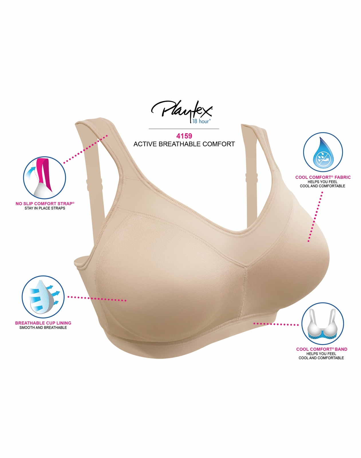 Playtex 18 Hour Active Lifestyle Wirefree Bra seamless Breathable Comfort 36-46