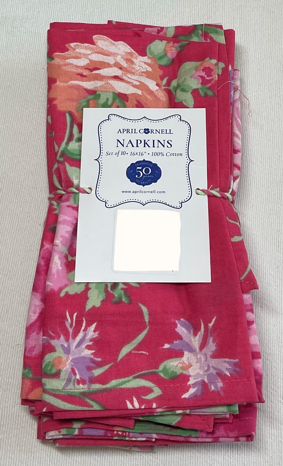 APRIL CORNELL DINNER NAPKINS (10) COTTAGE ROSE PINK GREEN 100% COTTON NIP