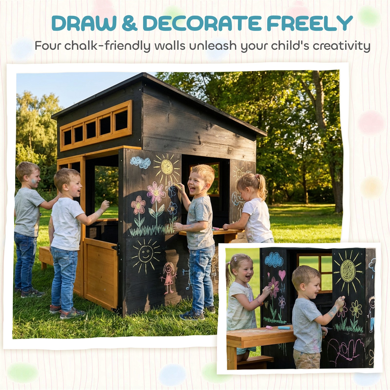 Qaba Kids Outdoor Playhouse, Wooden Kids Playhouse w/ Picnic Table