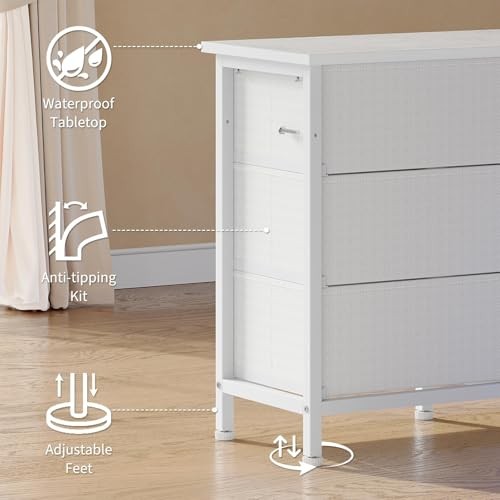 63 Inch 10-Drawer Dresser with LED Lights & Power Outlets, Wide Fabric White