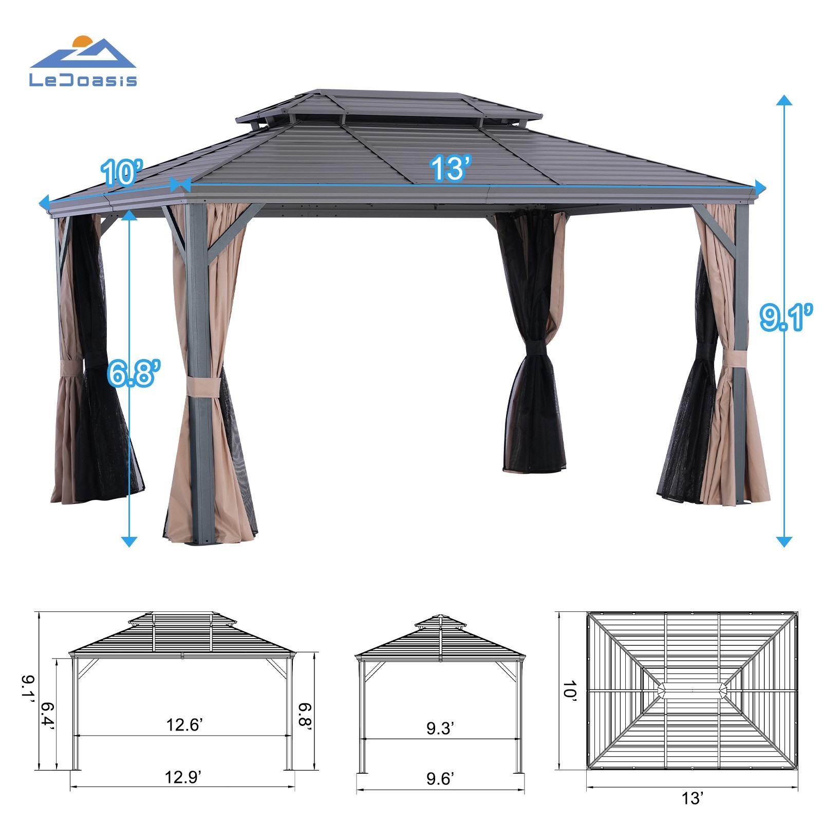 10x13 Hardtop Gazebo Double Roof with Curtain and Netting