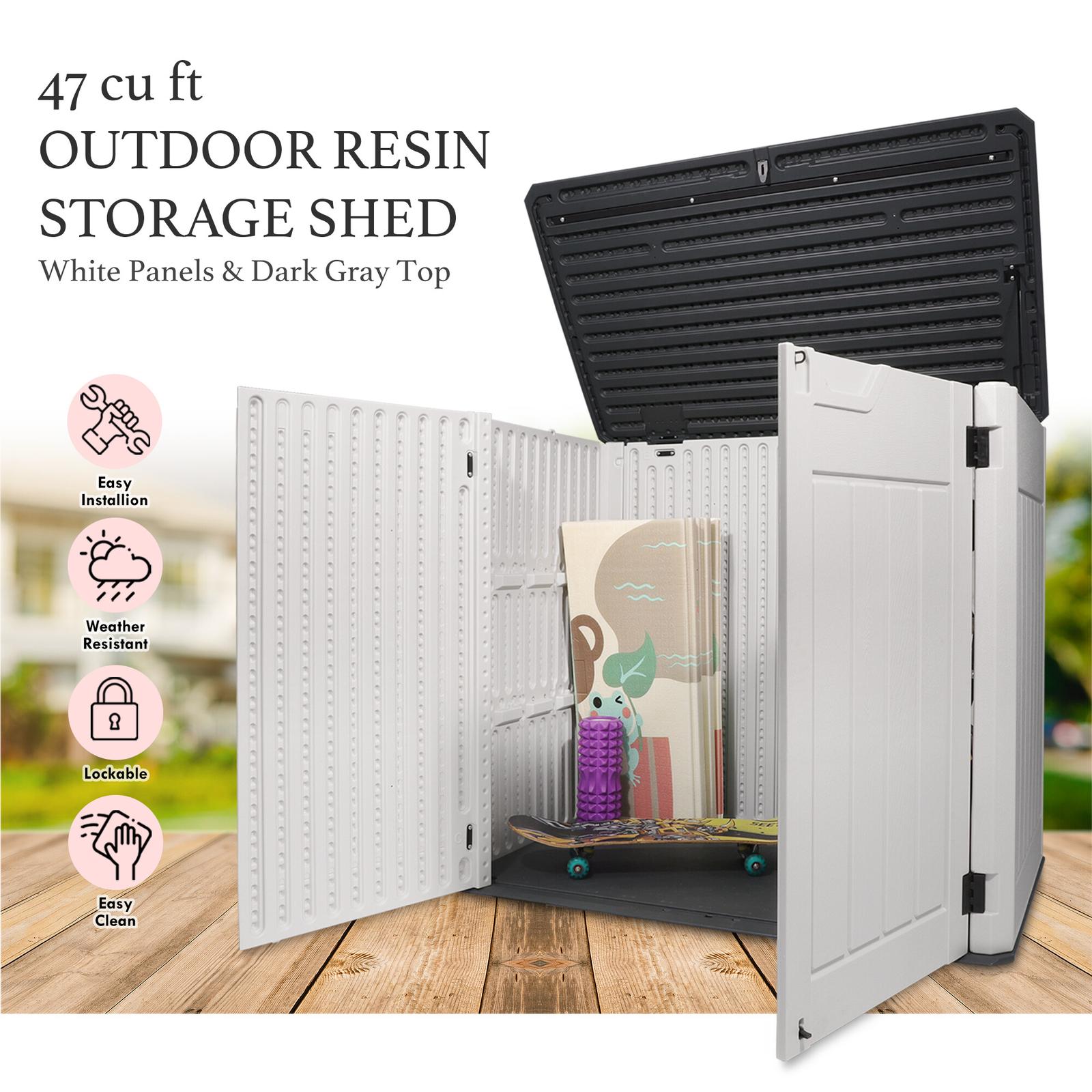 47 Cu.Ft Outdoor Storage Box Horizontal Resin Patio Garden Shed w/ Lockable Door