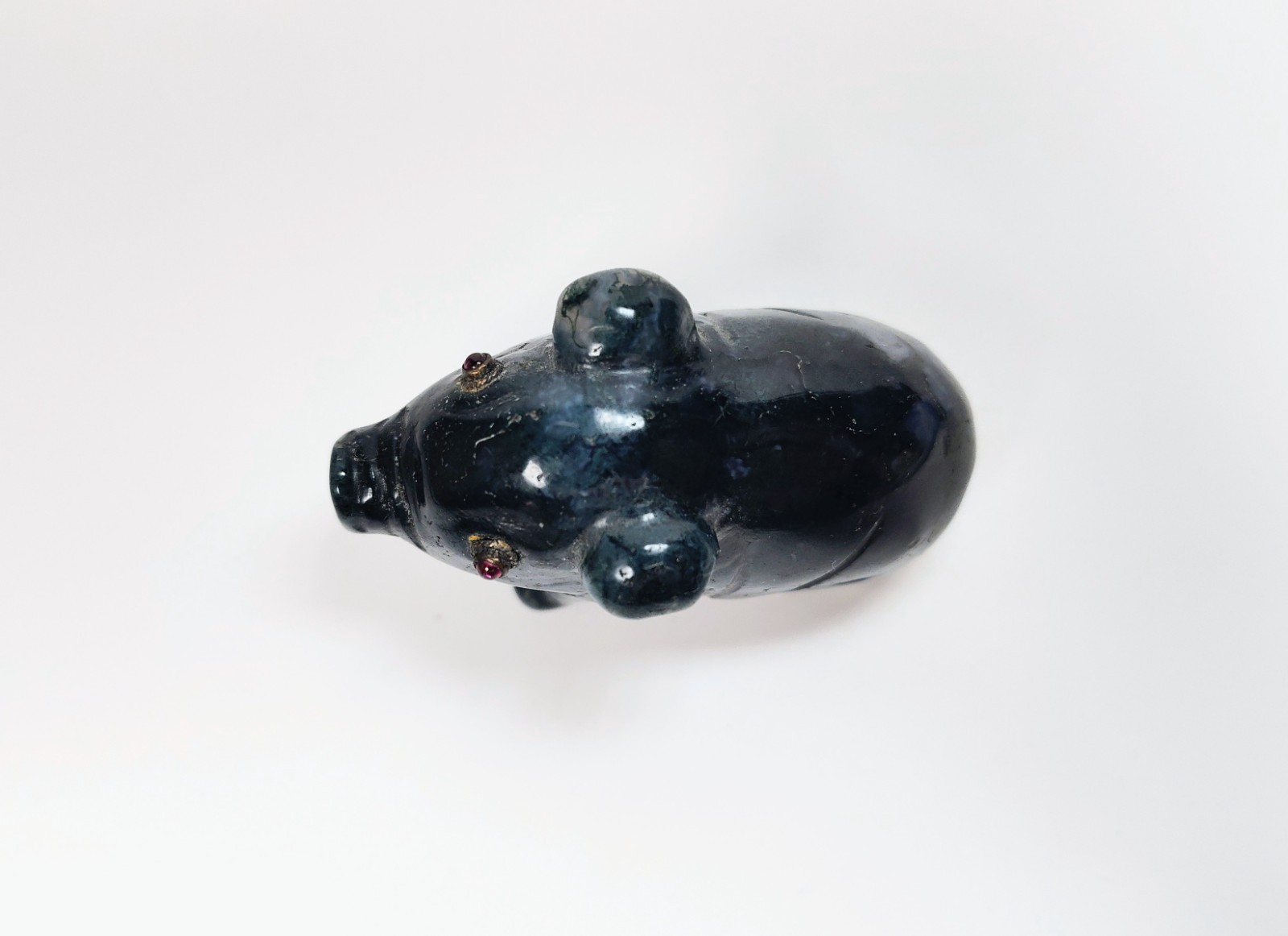 Antique 1920s Hand-Carved Blue-Green Aventurine Pig with Bezel-Set Garnet Eyes