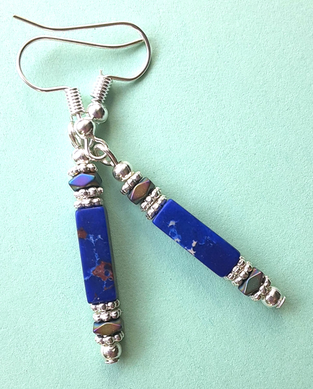 JASPER royal blue Hematite Crystal earring SP Fish Hook handcrafted XGE