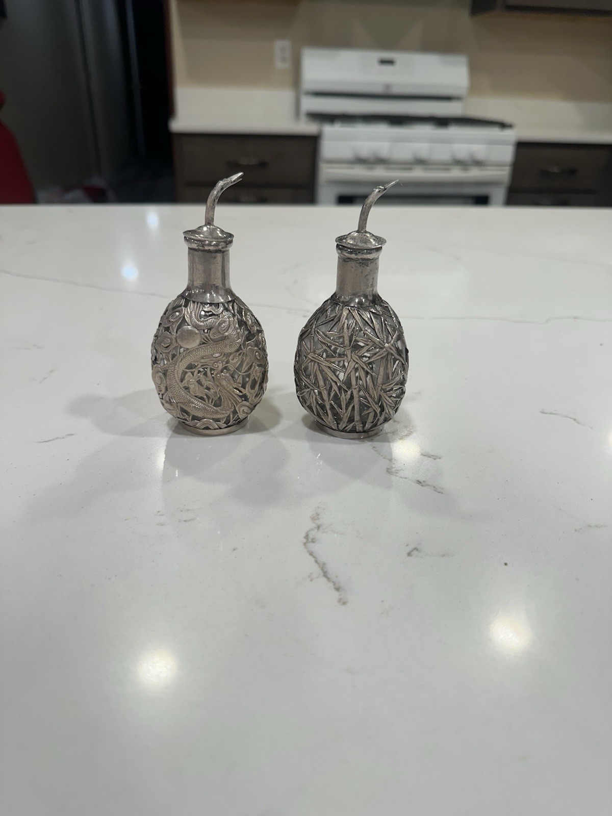 Pair of Antique Chinese "Thaiping" Sterling Silver Overlay Glass Bottles