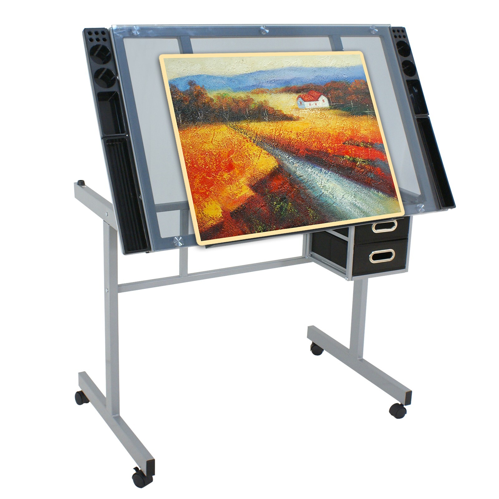 Drafting Table on Wheels Adjustable Glass Tabletop Drawing Desk w/Storage Drawer