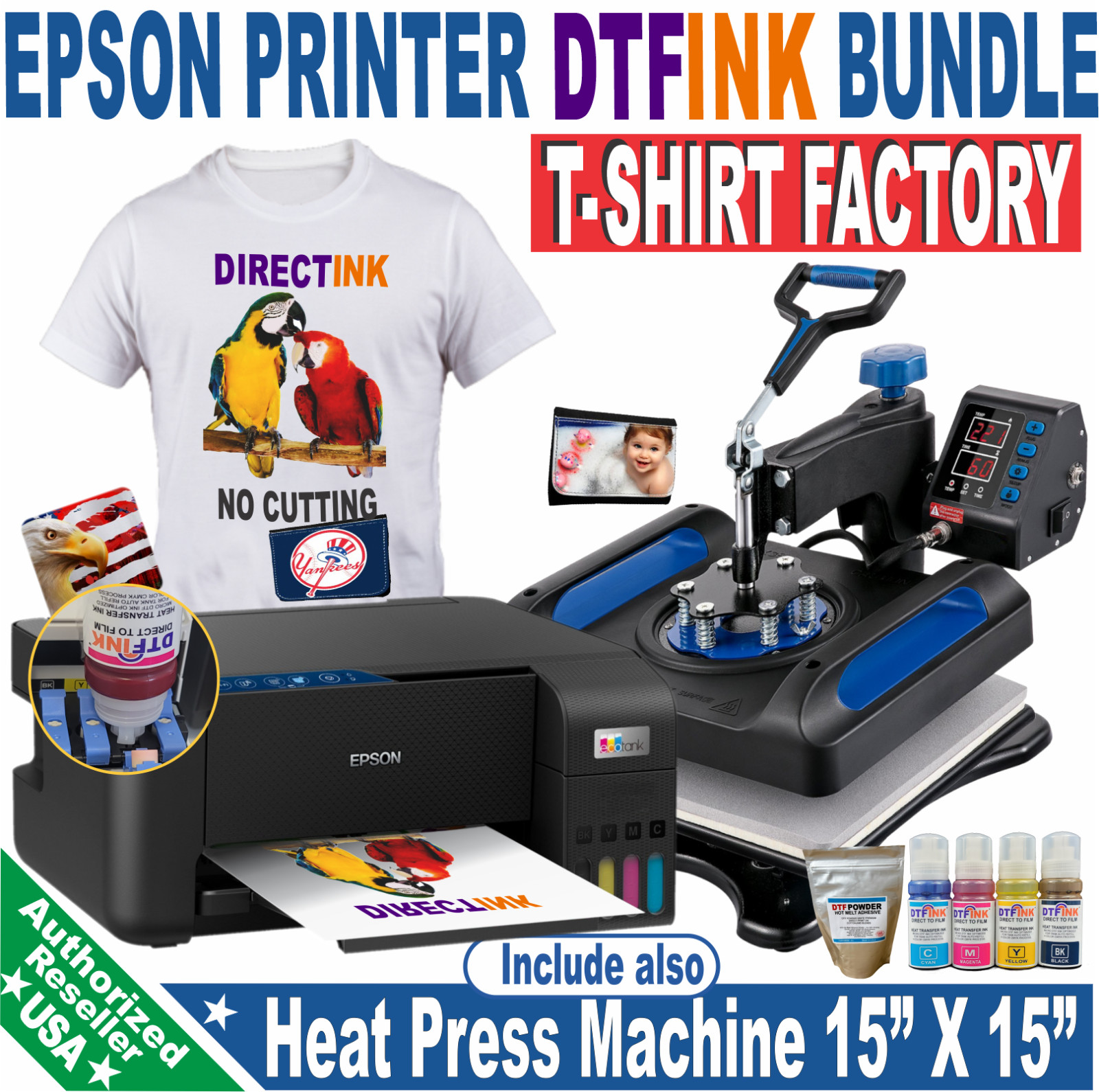 Epson Printer with DTF ink- Heat Press Machine 15x15 T-Shirt Print Start Bundle