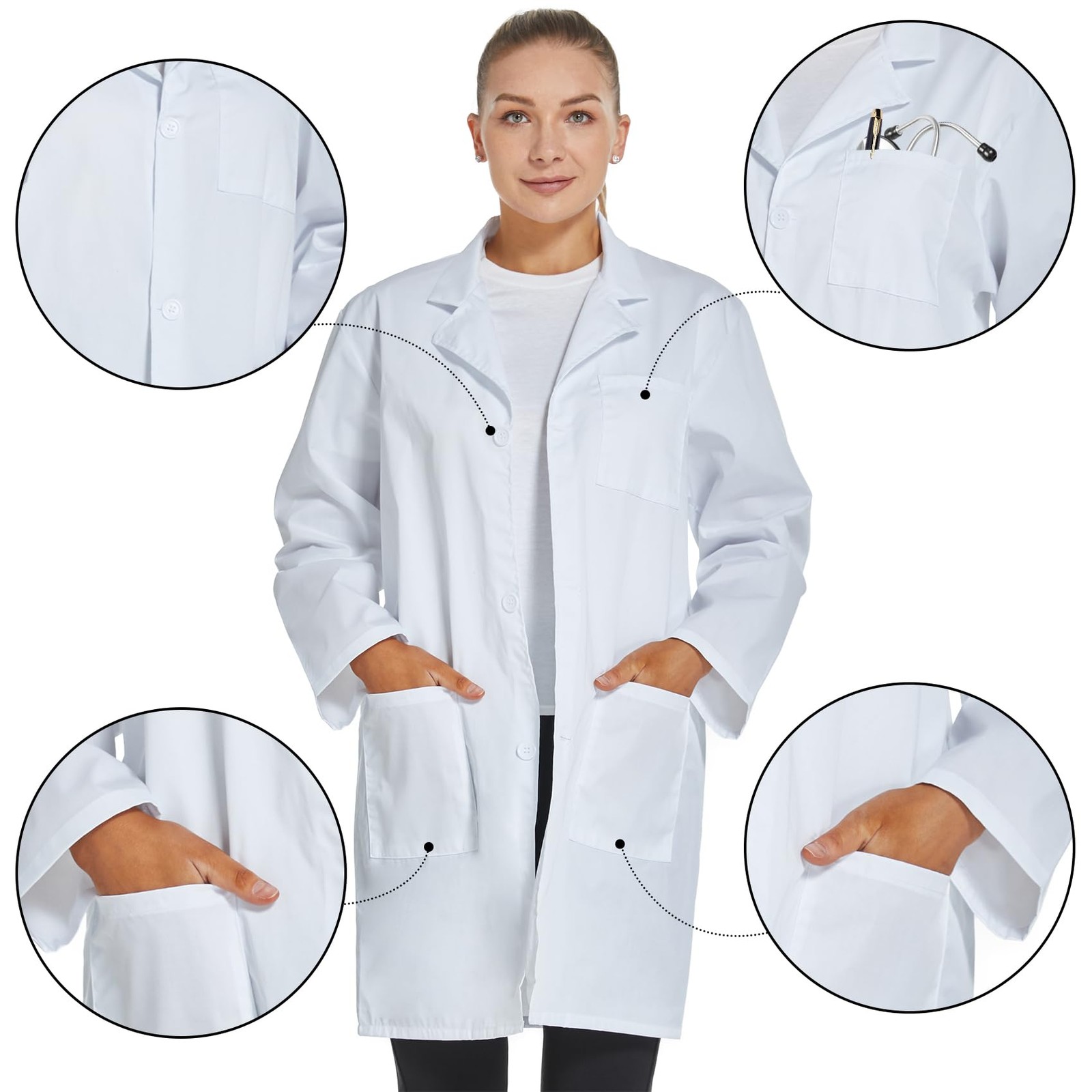 Professional Lab Coat for Women Men Long Sleeve, White, Unisex (Small, White)