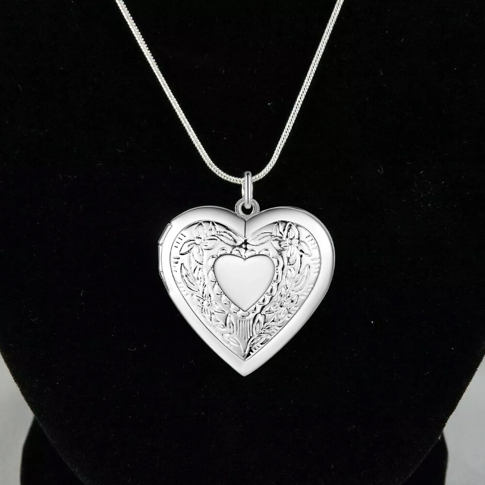 925 Sterling Silver Plated Heart Necklace, Locket Photo Picture Pendant 18" N1