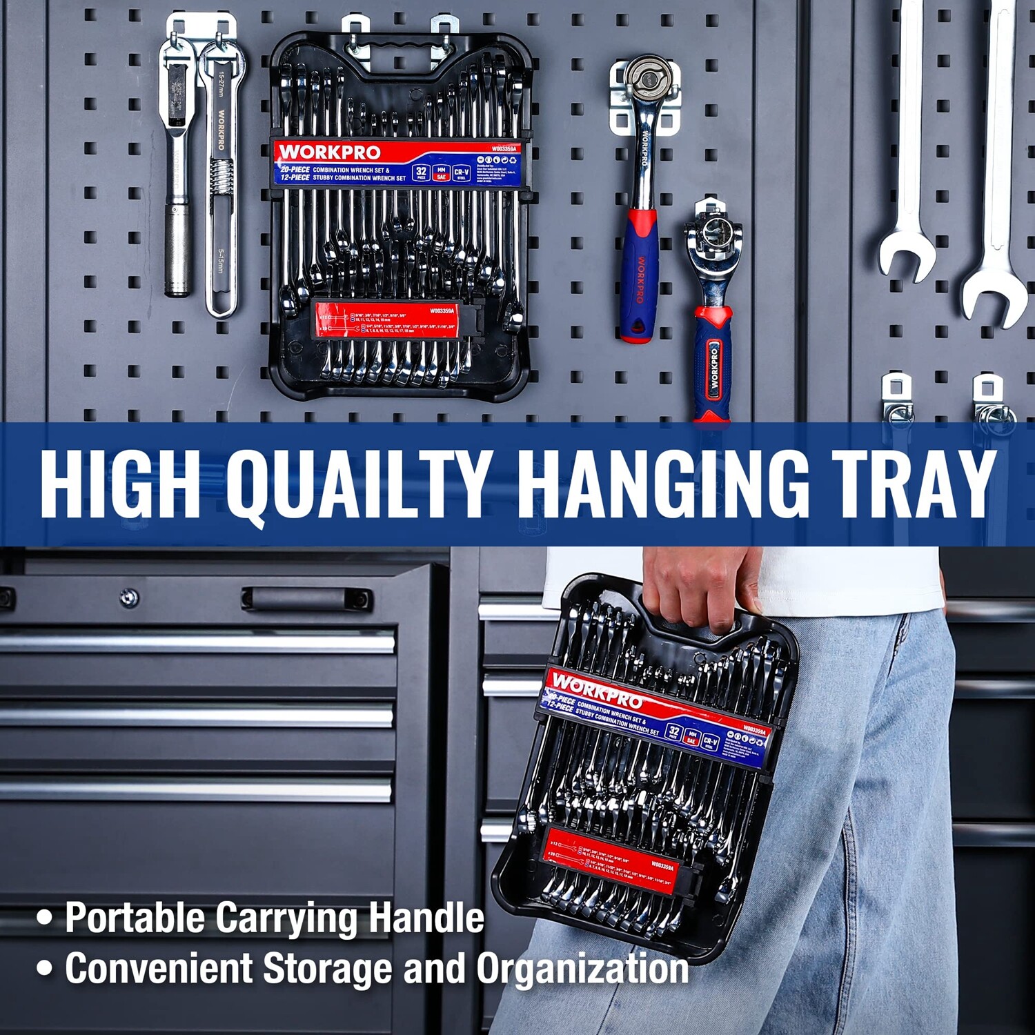 WORKPRO 32PC SAE&Metric Combination Wrench Set 12 PT Regular Wrenches set w/Tray