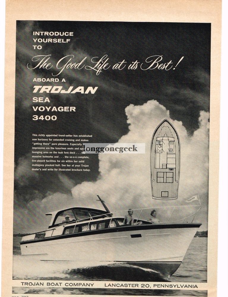 1961 TROJAN BOAT CO. Sea Voyager 3400 Yacht Vintage Ad