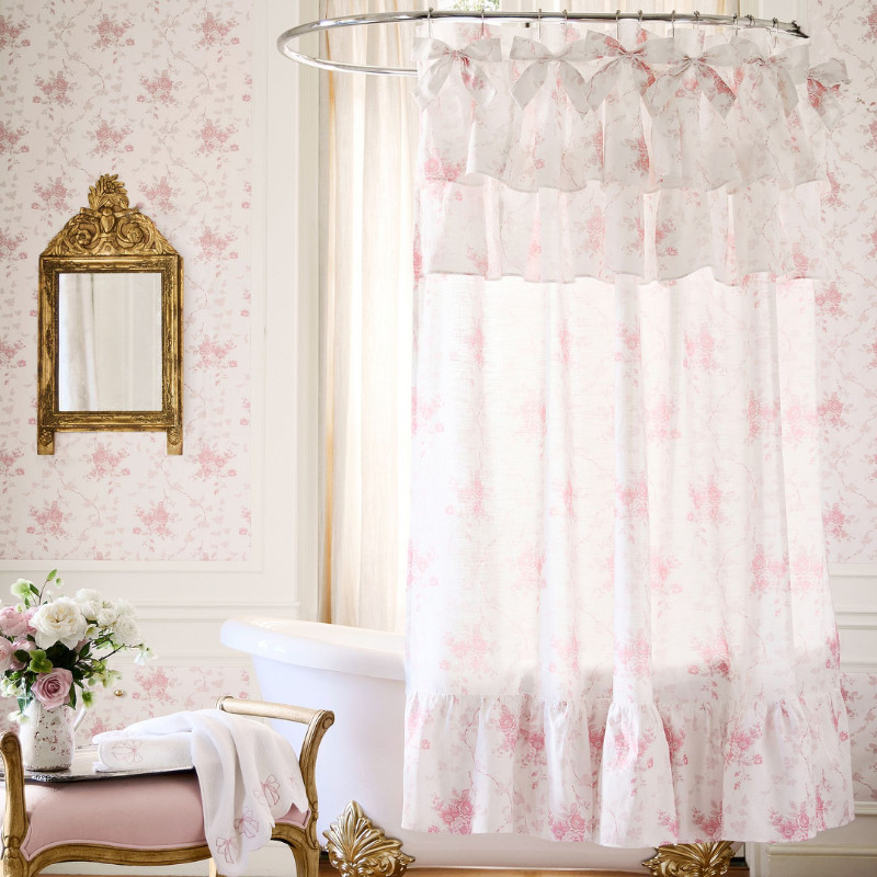 LoveShackFancy Rose Ruffle Shower Curtain Pink